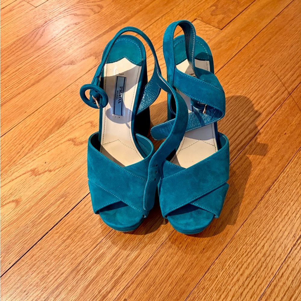 Prada Teal Suede Women’s‎ Heels Platform Sandals sz 7